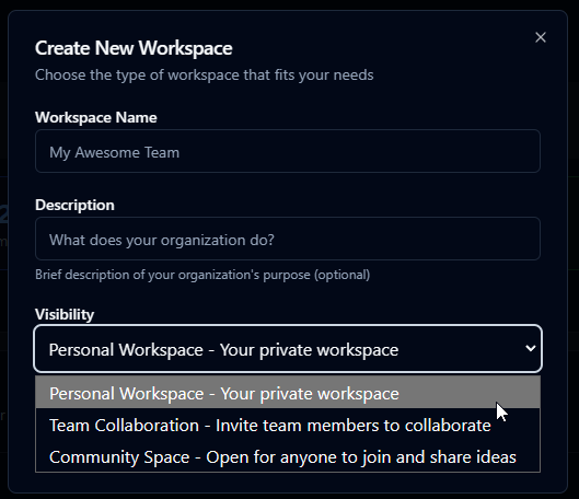 Create New Workspace dialog showing Personal Workspace, Team Collaboration, and Community Space options