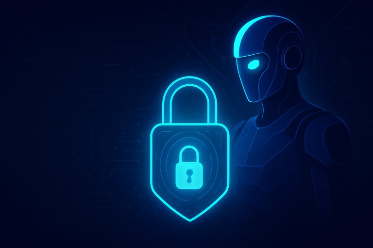A symbolic image representing AI security, like a shield with a circuit board pattern.